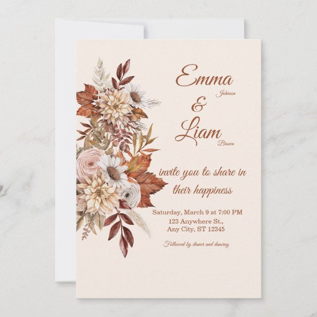 Rustic Boho Wedding Invitation | Beige Floral Card Inbjudningar (Framsida)