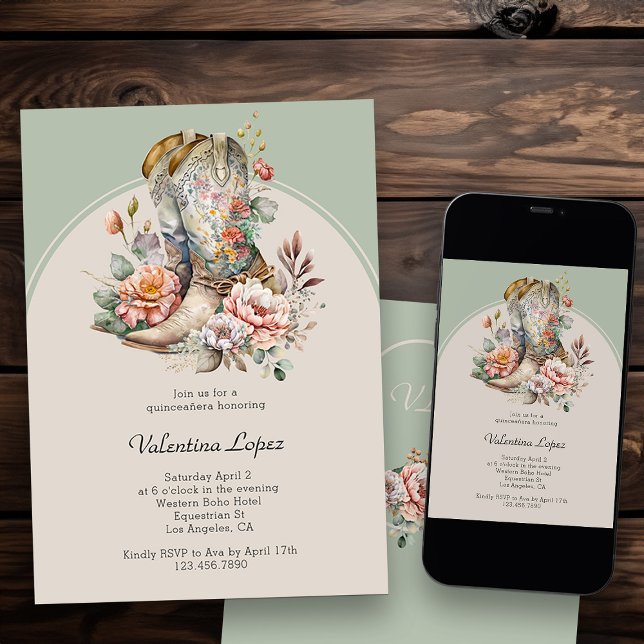 Rustic Boho Western Boots Blommigt Quinceanera Inbjudningar (Western theme invitation from my Boho Floral Cowgirl Boots Quinceanera Collection)