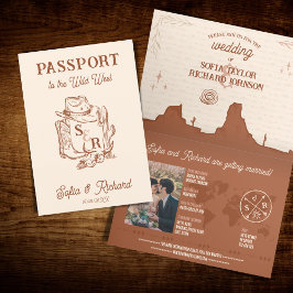 Rustic Boho Western Bröllop Destination Passport Inbjudan