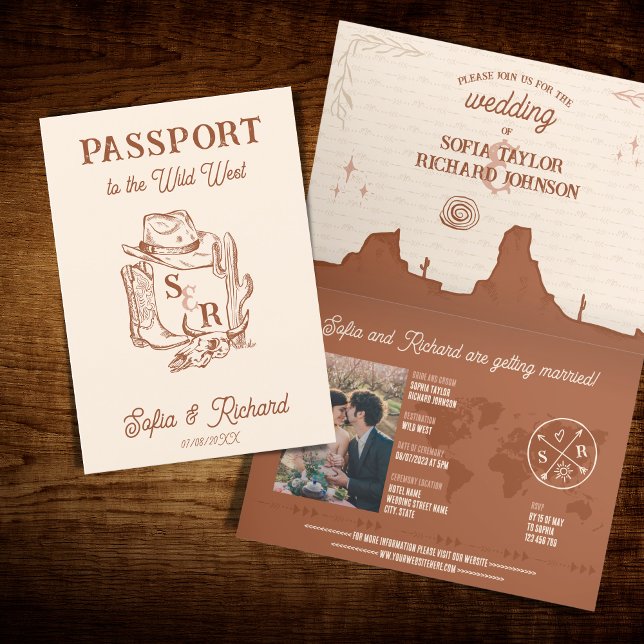 Rustic Boho Western Bröllop Destination Passport Inbjudan (Skapare uppladdad)