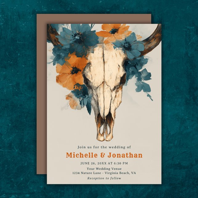 Rustic Boho Western Cow Skull Blommigt Bröllop Inbjudningar (Rustic Boho Western Cow Skull Floral Wedding Invitation)