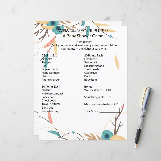 Rustic Boho What's In Your Purse Baby Shower Game (Fram/Back In Situ)
