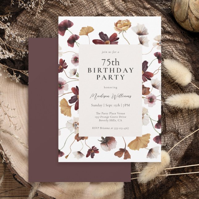 Rustic Boho Wildblomm75:e Födelsedagsfest Inbjudningar (Available in printed and instant download digital formats.)