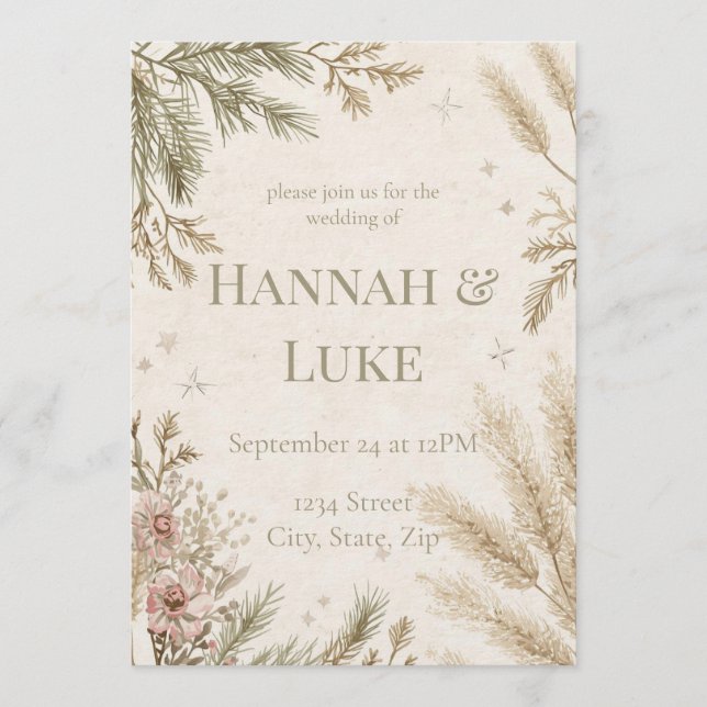 Rustic Boho Winter Wedding Invitation with Snow Inbjudningar (Framsida)