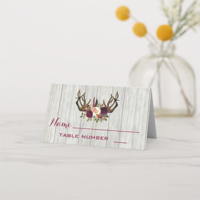 Rustic boho wood antler blommigt bord kort (Framsida)