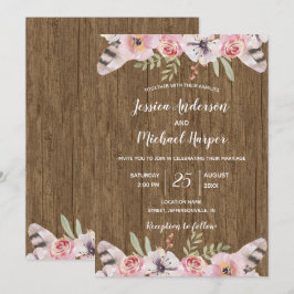 Rustic Boho Wood Blommigt Bröllop Card Inbjudningar