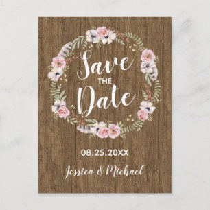 Rustic Boho Wood Blommigt Spara datum vykort