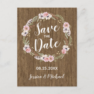 Rustic Boho Wood Blommigt Spara datum vykort