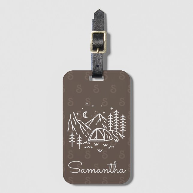 Rustic Bold Brown Äventyr Camping Resa Monogram Bagagebricka (Framsida vertikal)