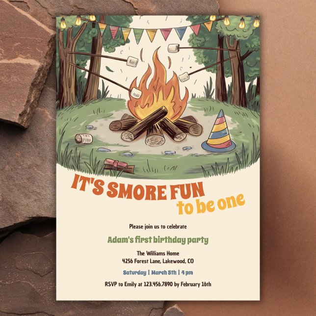 Rustic Bonfire Roligt Raster 1:a födelsedag Inbjudningar (Watercolor Rustic Bonfire Camping Themed Fun Smores 1st Birthday Invitation)