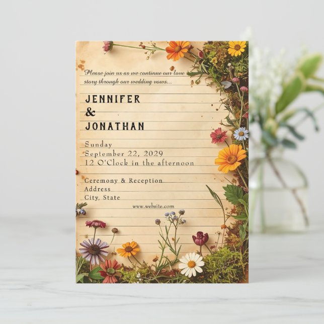 Rustic Book Lovers Print Floral Wedding Invitation Inbjudningar (Stående Fram)