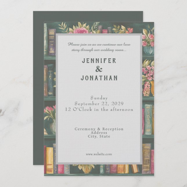 Rustic Book Lovers Print Floral Wedding Invitation Inbjudningar (Fram/baksida)