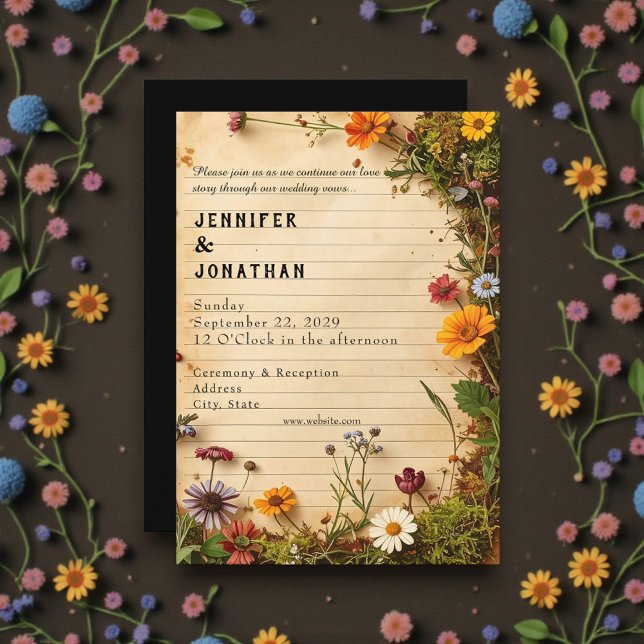 Rustic Book Lovers Print Floral Wedding Invitation Inbjudningar (Skapare uppladdad)