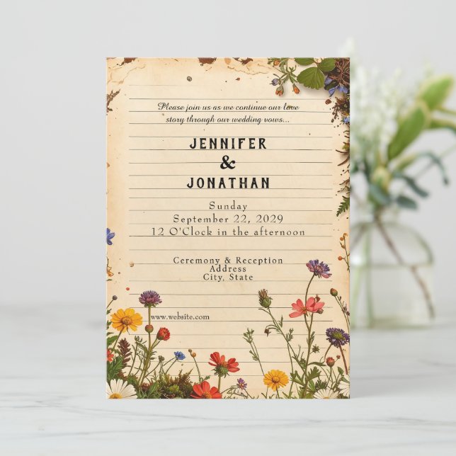 Rustic Book Lovers Print Floral Wedding Invitation Inbjudningar (Stående Fram)