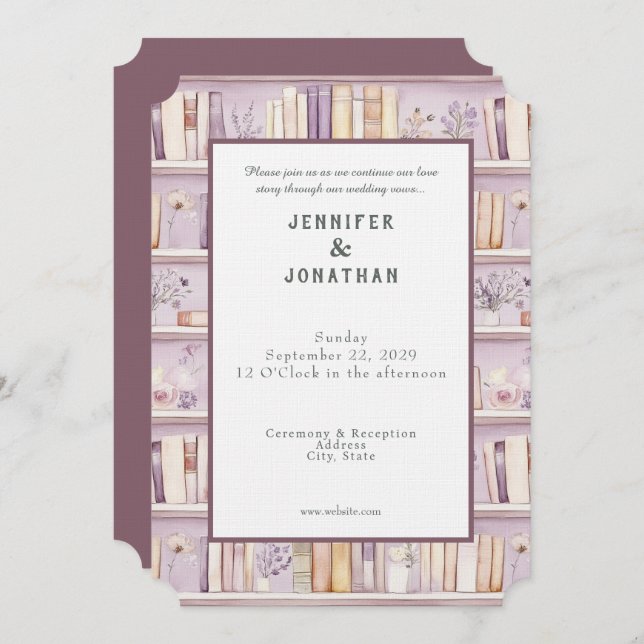 Rustic Book Lovers Print Wedding Invitation Inbjudningar (Fram/baksida)
