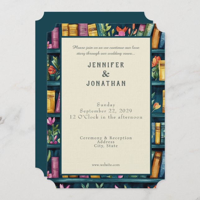 Rustic Book Lovers Print Wedding Invitation Inbjudningar (Fram/baksida)