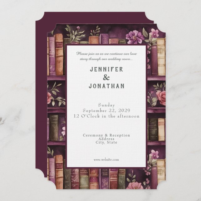 Rustic Book Lovers Print Wedding Invitation Inbjudningar (Fram/baksida)