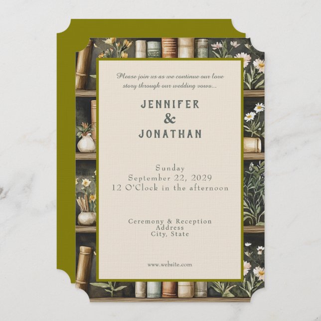 Rustic Book Lovers Print Wedding Invitation Inbjudningar (Fram/baksida)
