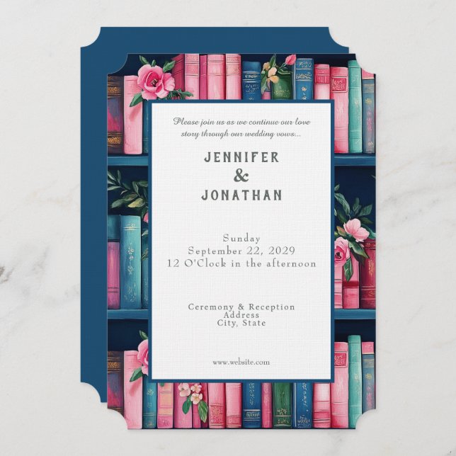 Rustic Book Lovers Print Wedding Invitation Inbjudningar (Fram/baksida)