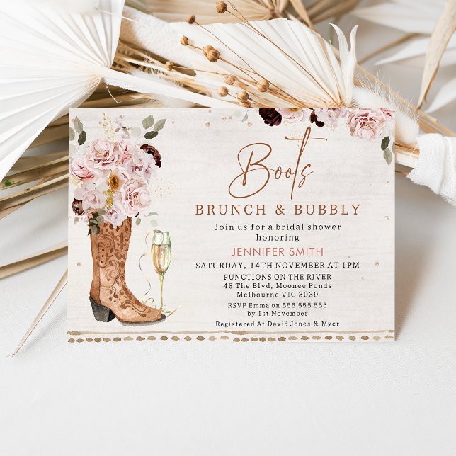  Rustic Boots Brunch BubLY-Möhippa Inbjudningar (Rustic boho floral boots, brunch and bubbly bridal shower invitation with glass and cowgirl boot.)