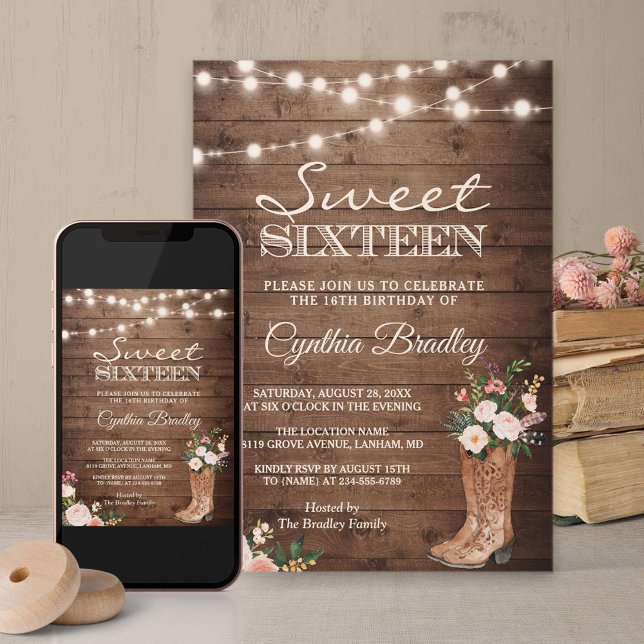 Rustic Boots Cowgirl Sweet sixteen 16 Inbjudan (Skapare uppladdad)