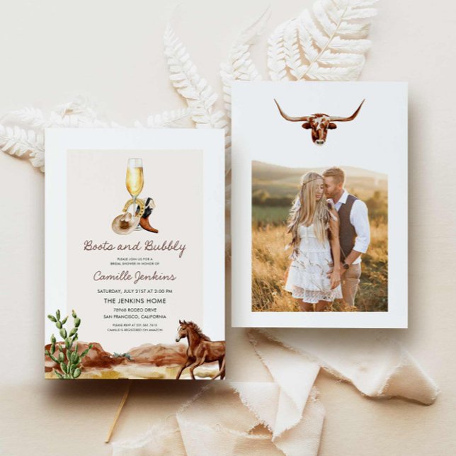 Rustic Boots och Möhippan Bubly Land Inbjudningar (Western Boots and Bubbly Country Bridal Shower Invitation)