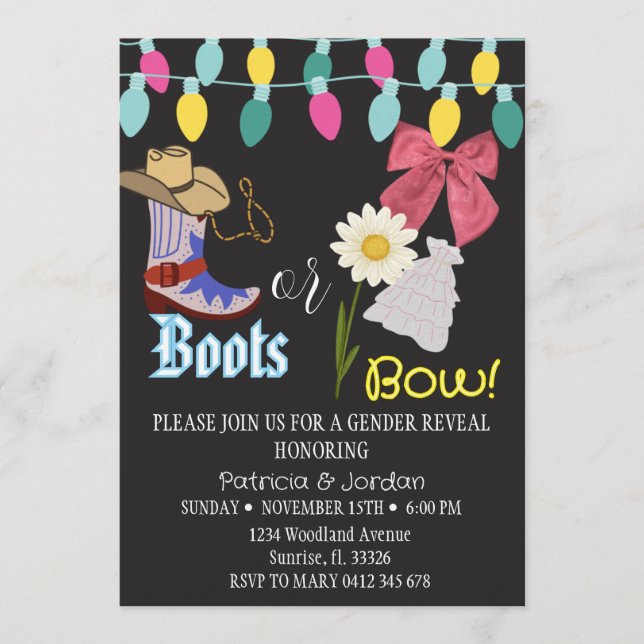Rustic Boots or Bows Gender Reveal Inbjudningar (Framsida)