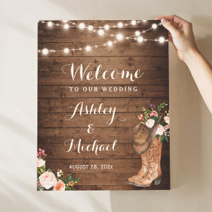 Rustic Boots String Ljus Blommigt Bröllop Sign Poster