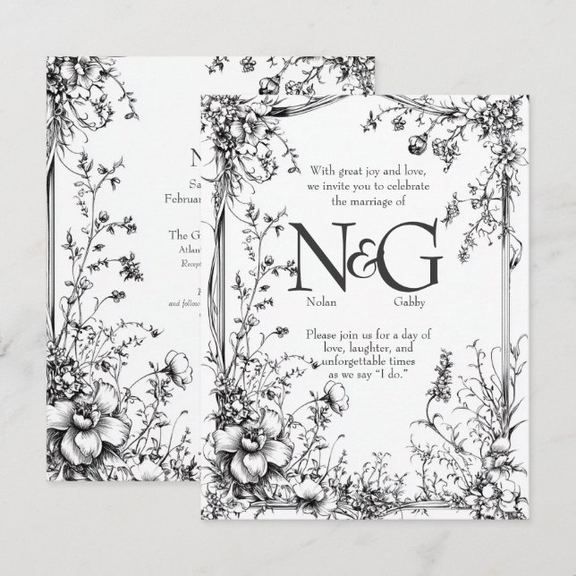 Rustic Botanica, Black & White Hand plockade Inbjudningar (Fram/baksida)