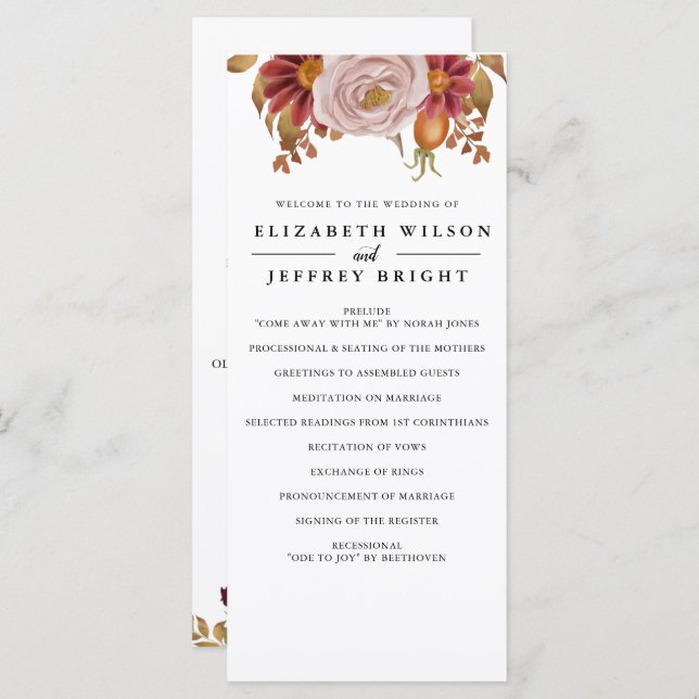 Rustic Botanical Autumn Fall Wedding Program (Fram/baksida)