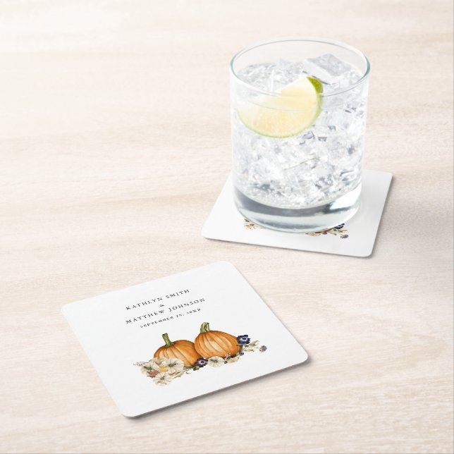 Rustic Botanical Autumn Pumpkin Fall Wedding Underlägg Papper Kvadrat (Insitu)