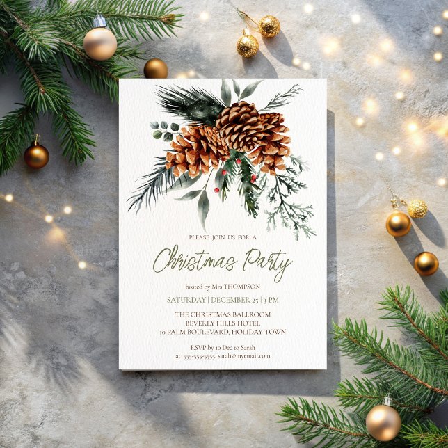 Rustic Botanical boho jul Party Inbjudningar (Rustic Botanical bohemian  Christmas Party Invitation template pinecones pines winter composition)
