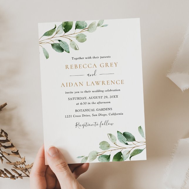 Rustic Botanical Eucalyptus Greenery Guld Bröllop Inbjudningar (Skapare uppladdad)