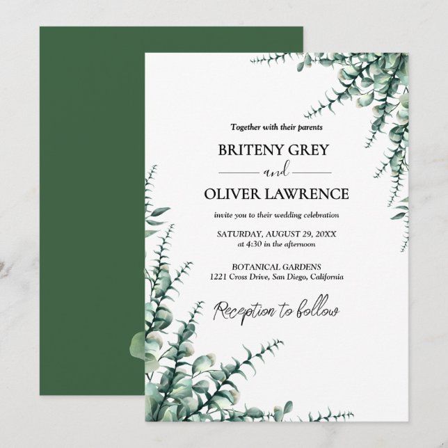 Rustic Botanical Eucalyptus Greenery Wedding Inbjudningar (Fram/baksida)