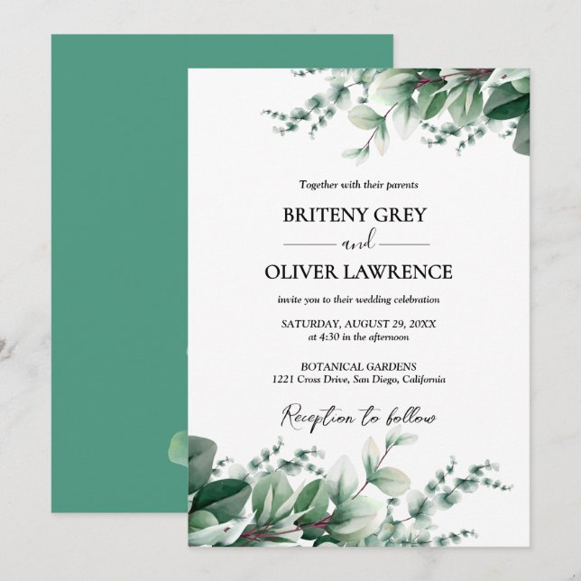 Rustic Botanical Eucalyptus Greenery Wedding Inbjudningar (Fram/baksida)