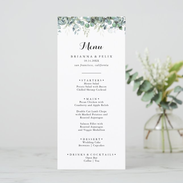 Rustic Botanical Eucalyptus Greenery Wedding Meny (Stående Fram)
