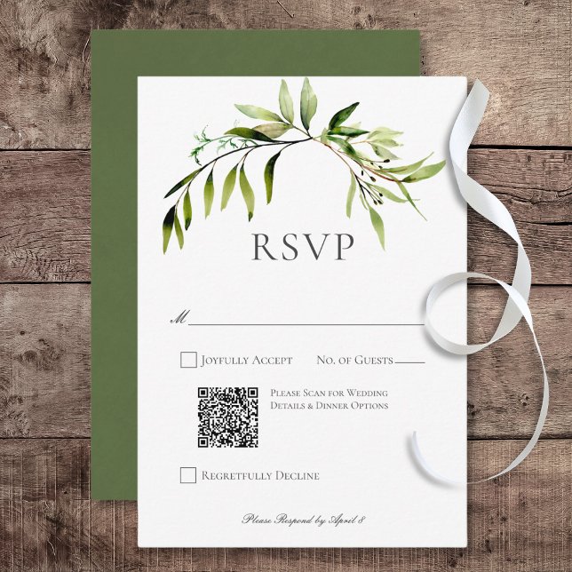 Rustic Botanical Greenery Bough Bröllop QR-kod OSA Kort (Rustic Botanical Greenery Bough Wedding Response Card with QR Code)
