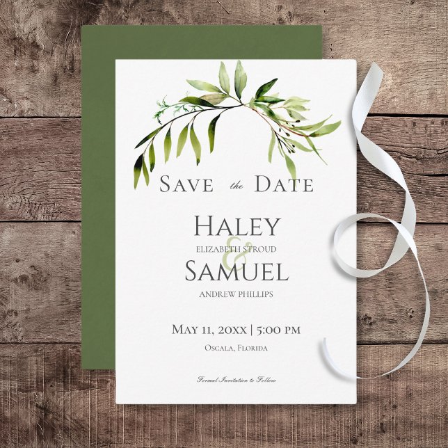 Rustic Botanical Greenery Bough Bröllop Spara Datumet (Rustic Botanical Greenery Bough Wedding Save the Date Card)