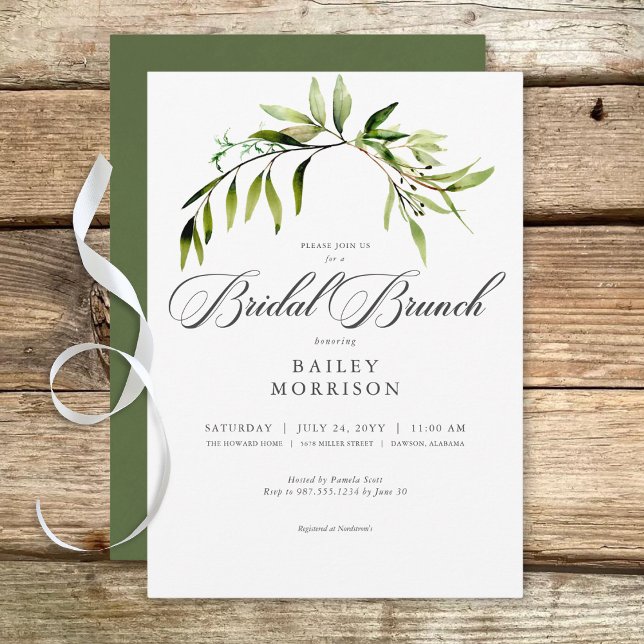 Rustic Botanical Greenery Bough Möhippa Brunch Inbjudningar (Rustic Botanical Greenery Bough Bridal Brunch Invitation)