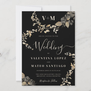 Rustic Botanical Monogram Black Bröllop Inbjudningar