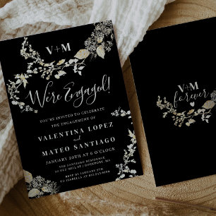 Rustic Botanical Monogram Black Förlovningsfest Inbjudningar