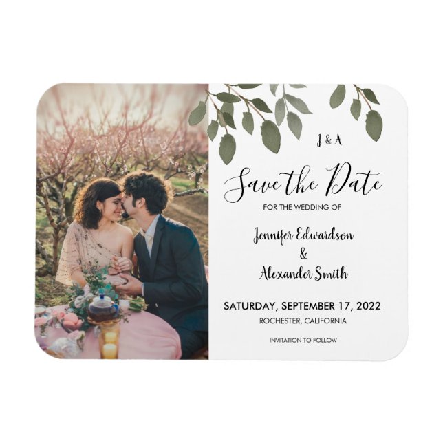 Rustic botanical monogram photo Save the Date Magnet (Horisontell)
