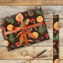 Rustic Botanical Pinecones Gräs Orange Mönster Presentpapper