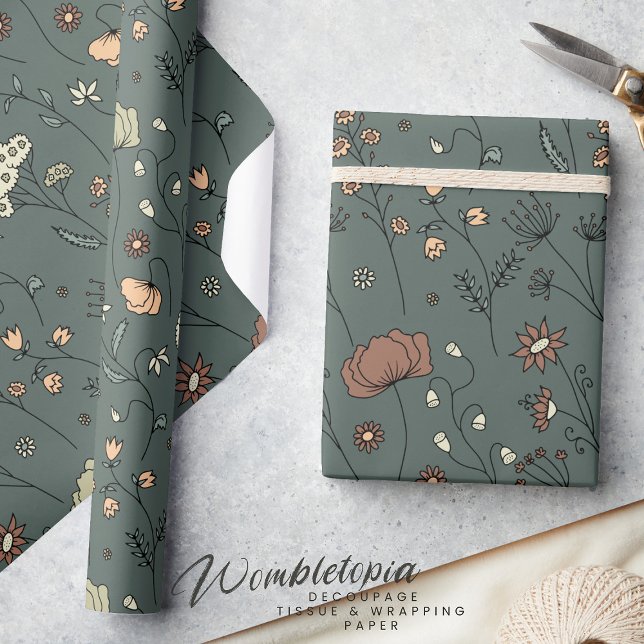 Rustic Botanical Wildblommor in Sage Grönt Peach Presentpapper (Skapare uppladdad)
