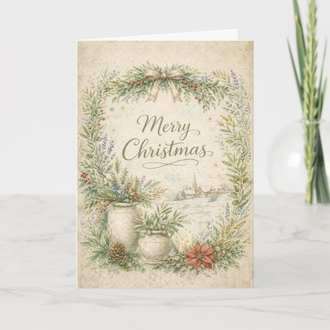 Rustic Botanical Wreath Merry Christmas  Helgkort (Framsida)