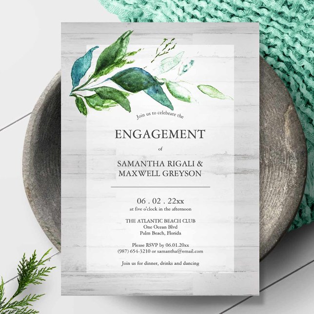 Rustic botaniska vattenfärgsFörlovningsfesten (Rustic leaves watercolor engagement party invitations)