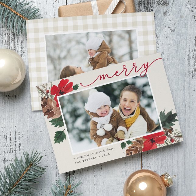 Rustic Bough | Vattenfärgad Blommigt Fotojul Julkort (Skapare uppladdad)