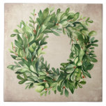 Rustic Boxwood Wandees Watercolor Farmhouse Kakelplatta<br><div class="desc">En keramisk bricka i perfekten för dekorering. Boxwood-andedräkt med torkade bär på en skorstenstexterad bakgrund. Enkel vattenfärgsgrafik användes för att göra den här keramiska plattan för bondgården.</div>