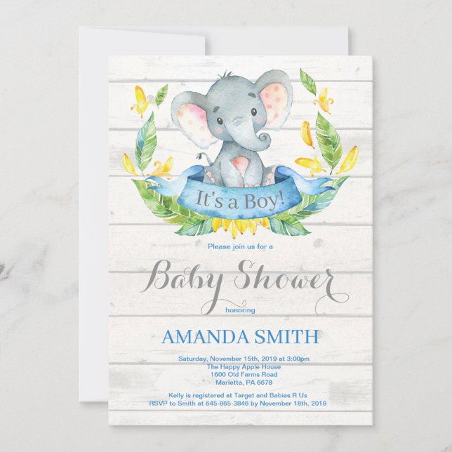 Rustic Boy Elephant Baby Shower Blue-inbjudan Inbjudningar (Framsida)