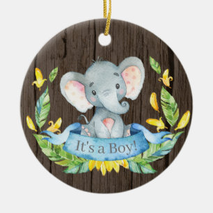 Rustic Boy Elephant Baby Shower Blue Julgransprydnad Keramik